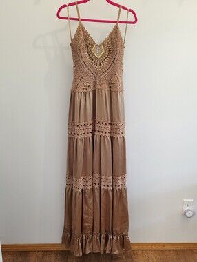 NWT Silk BCBG Maxazaria Boho Crochet Maxi Sequin Embellished Dress